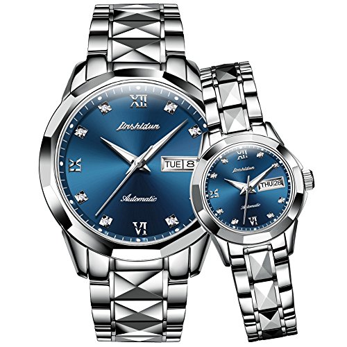 JSDUN Couples Watches Pair Luxury Automatic Mechanical His and Hers Gifts Set Waterproof Tungsten Steel Sapphire Dress Wrist Watches for Men and Women Lovers Wedding with Day Date Calendar Silver