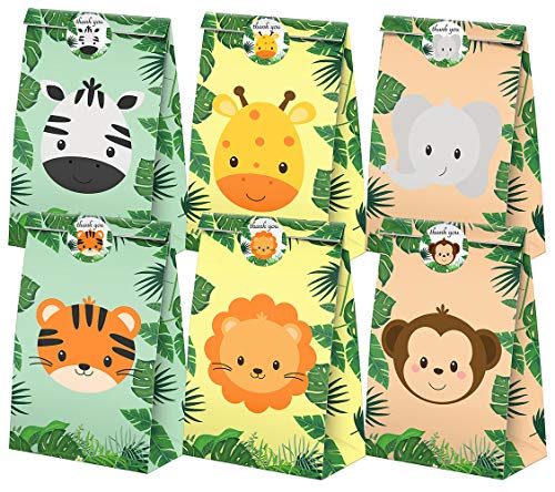 Image of Safari Goodie Bags-24 Pcs Jungle Party Favors Candy Bags with Stickers, Jungle Goody Gift Treat Bags Safari Themed Birthday Party Supplies