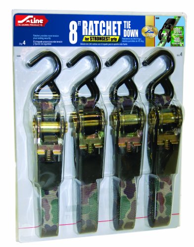 S-Line SL66 Ratchet Tie Downs with S-Hooks, Camouflage Webbing, 1-Inch by 8-Inch, 400-Pounds Working Load Limit, 4-Pack