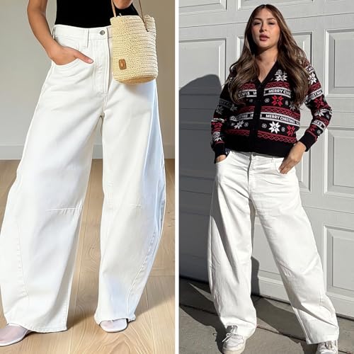 Image of EXLURA Womens Barrel Jeans Wide Leg Y2K Boyfriend Denim Pants Hip Hop Vintage Baggy Jeans Cotton Mid-Low Elastic Waist Pants