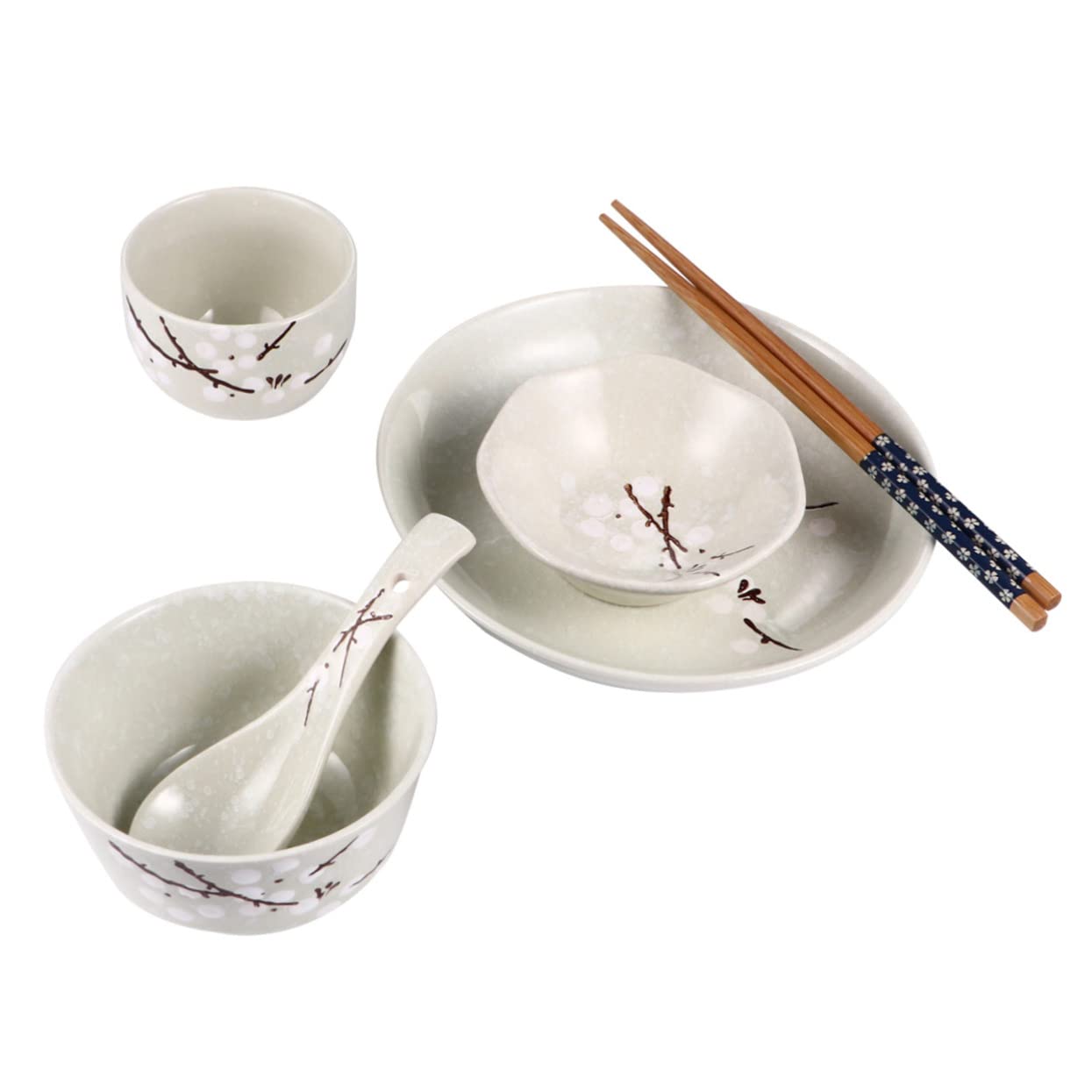 PRETYZOOM 6pc Japanese Dinnerware Set Dinnerwear Place Setting for One Single People Dinnerware Ceramic Tableware Plum Flower Print Design