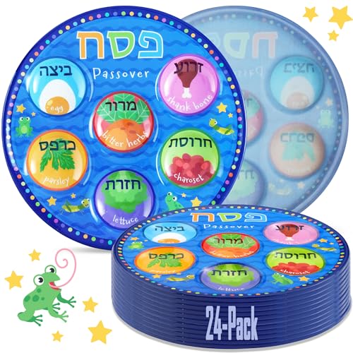 Quality Disposable Childrens Passover Seder Plates in Bulk 10" Deluxe Plastic Colorful Pesach Seder Plate for Kids Marked with Traditional Seder Food Specialty Dishware by Zion Judaica 24 Pack