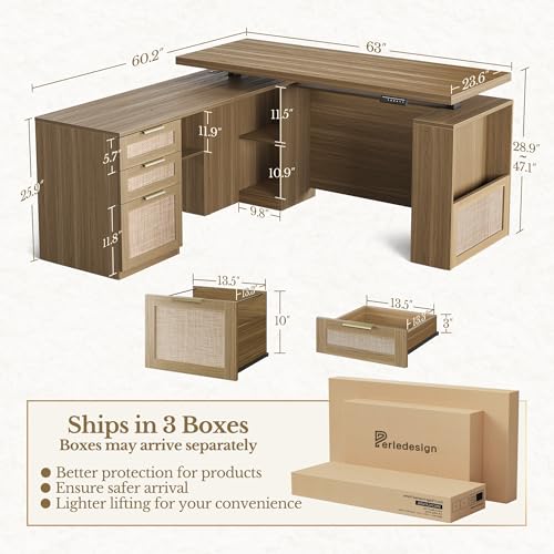 Image of 63 Inches L Shaped Standing Desk, Executive Standing Desk with Drawers and File Cabinet, AC /USB, 1.18 inch Desktop, Multi-Sized Storage Cubby, Privacy Panel, Rattan Computer Desk, Natural Oak