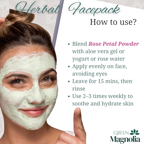 Image of Green Magnolia Pure & Natural Rose Petal Powder for Face & Skin No Chemicals No Artificial Color Ideal For Skin Refreshing Cleansing & Glow (200gm)