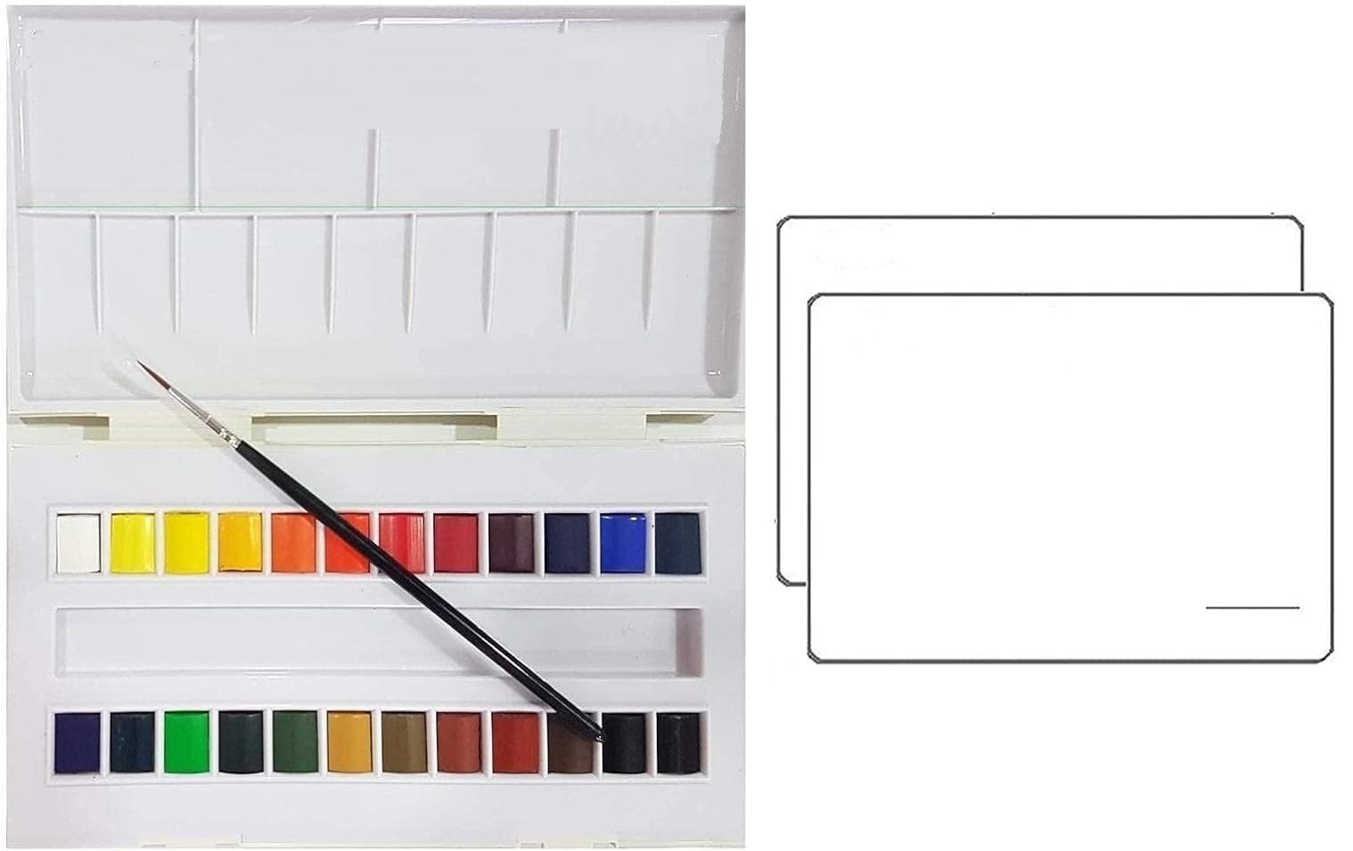 Sennelier Caja de pintura Aquarelle de plástico, 24 colores + pincel y 2 tarjetas postales de acuarelas, Francia