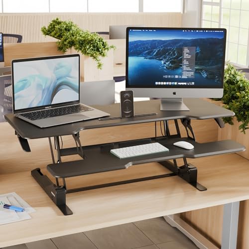 Image of Mount-It! 47 inch Standing Desk Converter, XL Desktop Sit-Stand Desk Riser with Gas Spring Height Adjustment, Wide Desk Topper for Dual Monitors or Monitor & Laptop, Keyboard Tray, Black