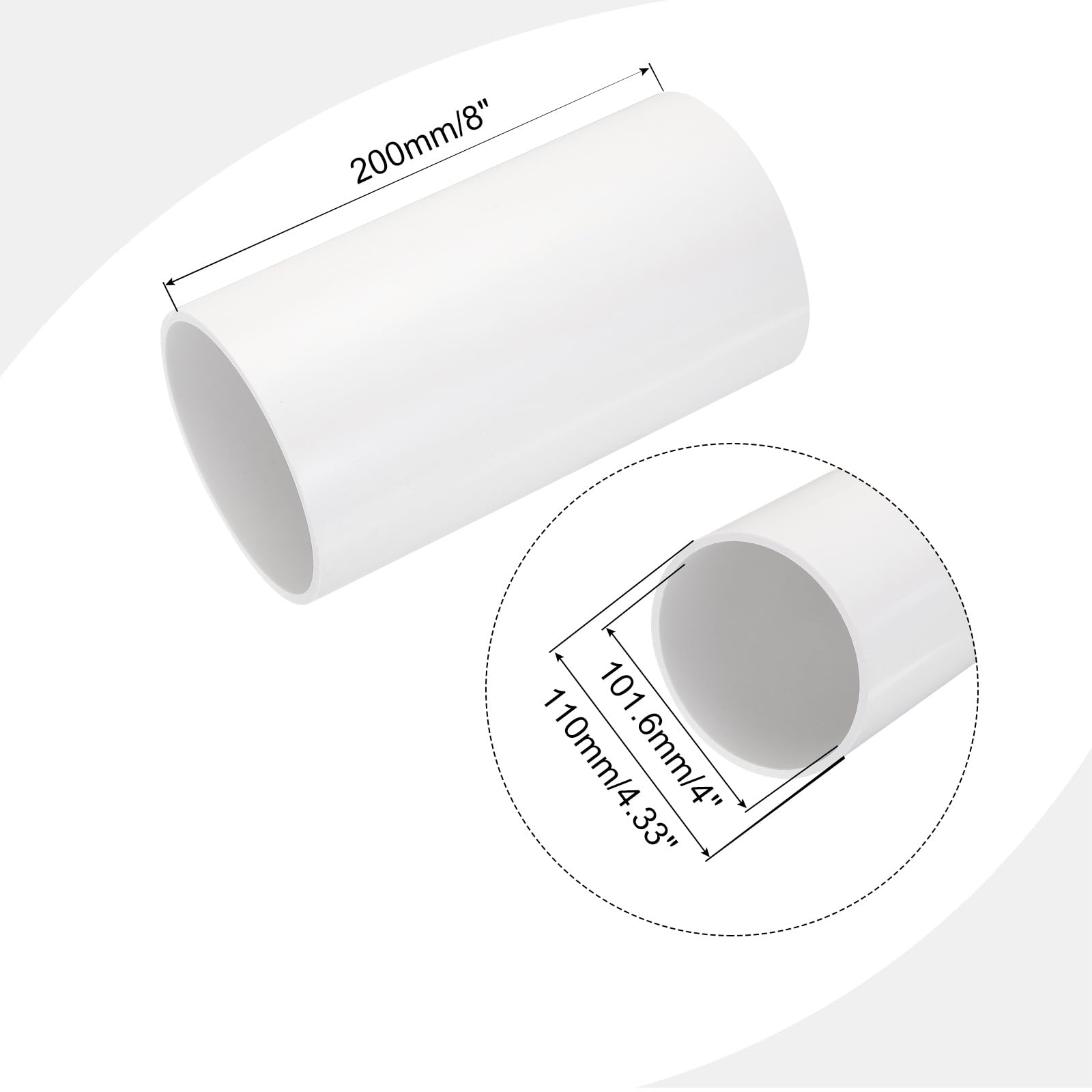 QUARKZMAN Rura PCW, okrągła, 101,6 mm ID, 110 mm OD, długość 20 cm, biała, wysoka odporność na uderzenia do rur wodnych, majsterkowania, osłona kabla