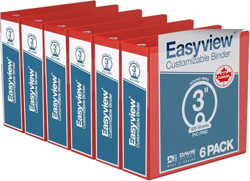 Image of Easyview 3-Ring Binder, Clear-View Cover, 3 inch Round Rings, Red, 6 Pack | Heavy-duty binder, fits 8.5 inch x 11 inch paper, customizable cover, made in Canada, ideal for school or office use