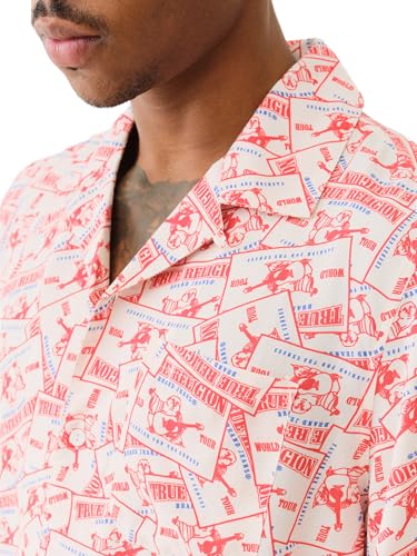 True Religion Men's Camp Collar Shirt - Red/Blue/Natural | Short Sleeve Fit Button-Up3