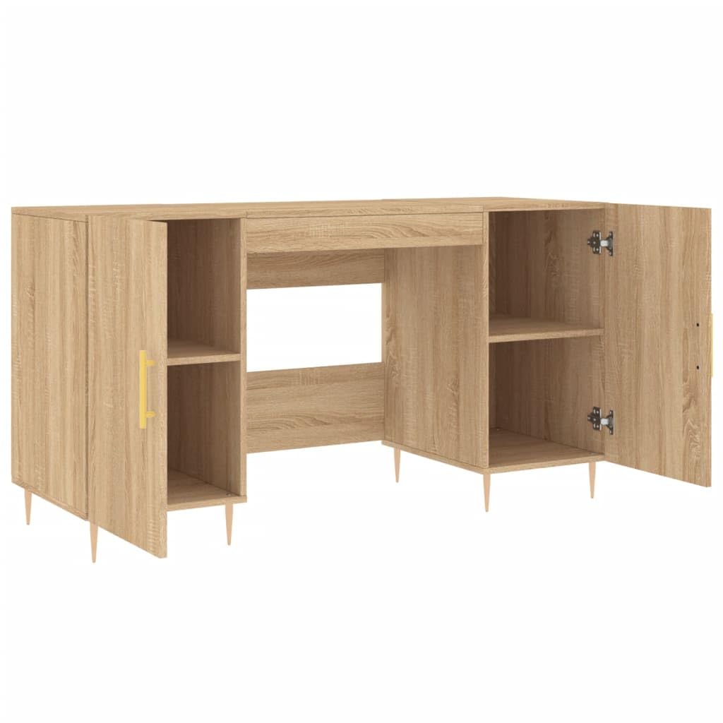 Biurko dąb Sonoma 140 x 50 x 75 cm z materiału drewnopochodnego z żelaznymi nóżkami, miejsce do przechowywania 4 drzwi, do domowego biura, gabinetu, biura, miejsca do nauki, porządku