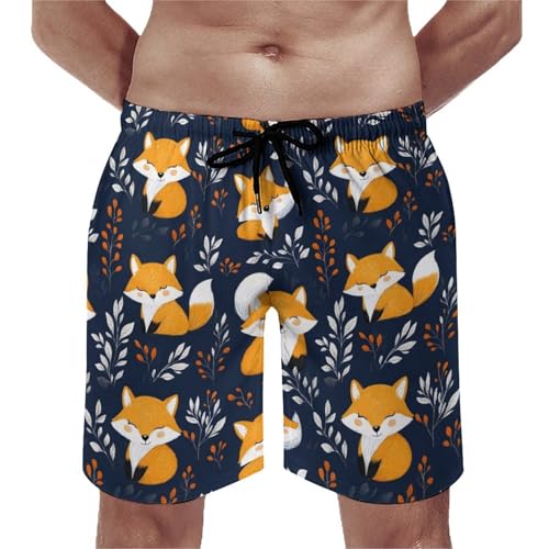 Hawaiian Shorts for Men - Comfy Smiling Cute Fox Print Mens Swim Trunks Bathing Suits with Mesh Lining