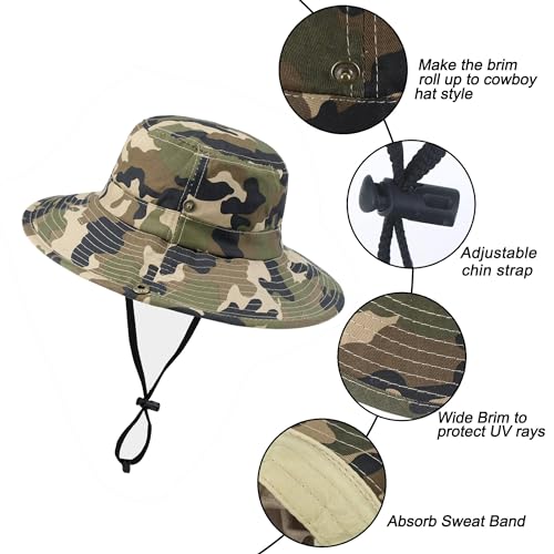 Cotton Camo Sun Hats for Kids, Quick-Dry Wide-Brim Sun-Protection Safari Fishing Toddler Bucket Hat, Army-Green 2-14Y3