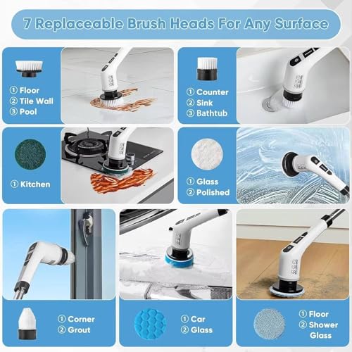 Image of Dealsure Electric Spin Scrubber for Bathroom | 9-in-1 Cordless Electric Spin Scrubber | 9 Brush Heads, Adjustable Speeds, LED Display, Long Handle | Powerful Cleaning Brush for Floor, Tub, Tile, Car