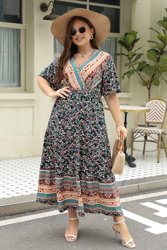Image of Keluummi Plus Size Maxi Dress for Women V-Neck Floral Empire Waist 3 /4 Sleeve with Pockets