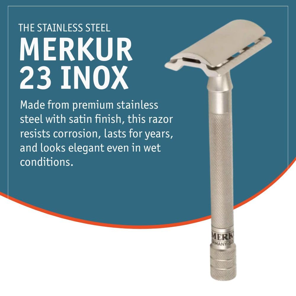 MERKUR 23 INOX Stainless Steel Double Edge Safety Razor, Satin Finish, Long Knurled Handle, Three Piece, Closed Comb