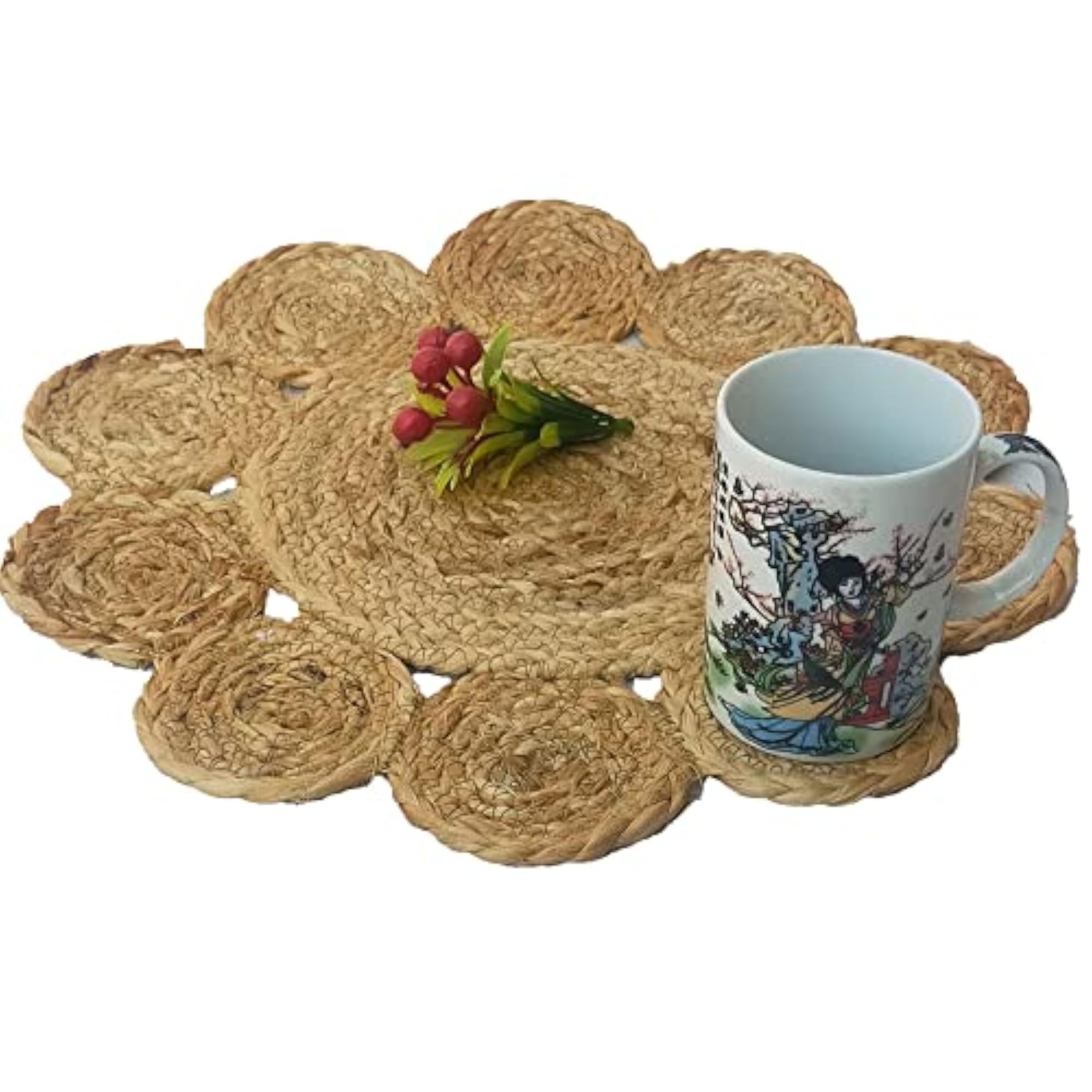 Comforts Round Braided Jute Placemats, Set of 4 for Dining