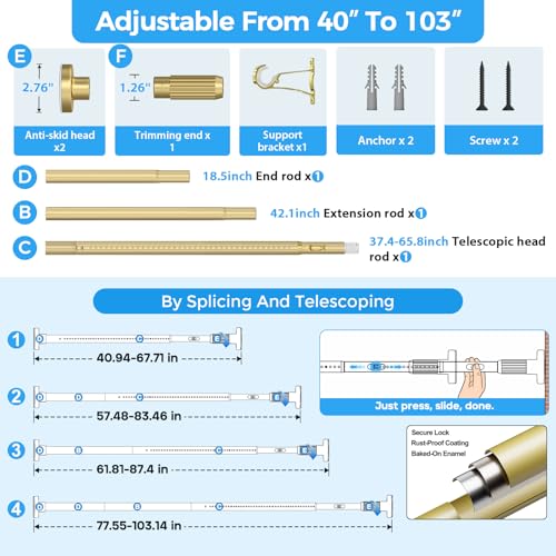 Image of AIZESI 41-100 Inch Heavy Duty Gold Tension Curtain Rod - No Drilling, Adjustable, Rust-Proof for Outdoor, Living Room, Bathroom