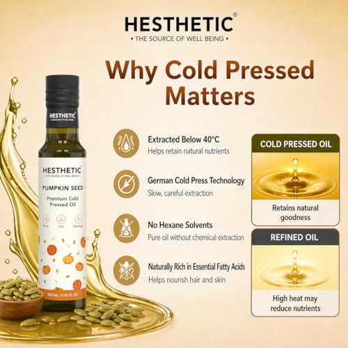Image of HESTHETIC Cold Pressed Pumpkin Seed Oil 250ml for Hair, Scalp & Skin | Unrefined Virgin Beauty Oil Rich in Zinc & Plant Omega-6 | Glass Bottle | Hair-Thickening Scalp Massage