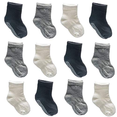 Baby Crew Grip Socks Cotton Anti Skid Non Slip Toddler Athletic Socks for Infant Newborn Kids Girls Boys (12 Pack - BWG2, 6-12 Months)