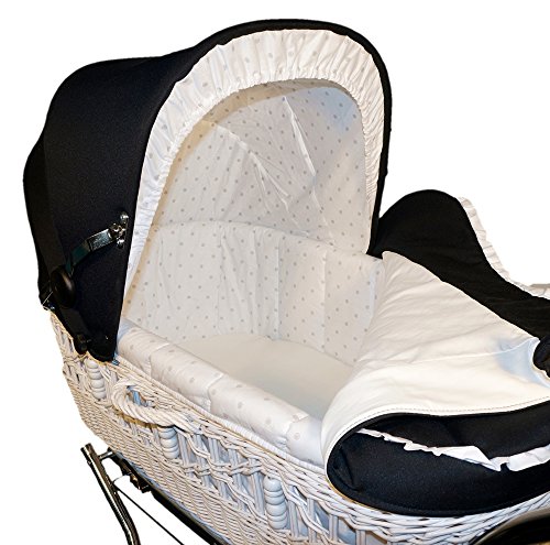 EICHHORN Weidenkorb Kinderwagen, Korb Weiß, Stoff Schwarz - große Liegefläche, weich gefedert, inklusive Matratze und Regenschutzbezug