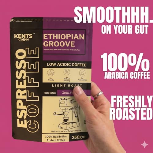 Image of Kents Coffee Ethiopian Groove | Light Roast Fine Grind Coffee | LOW ACIDIC COFFEE | Home Espresso Grind | Taste like Zesty, Floral, Fruity | 100% Arabica High Grade Chikmangalur Speciality Pack | Sun Dried Arabica Bean | Freshly Roasted (200Gm)