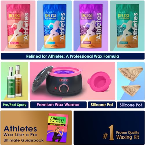 Image of DELEXI Athlete Waxing Kit - Heavy-Duty Hair Removal System for Cyclists, Swimmers & Bodybuilders - 41-Piece Grooming Set (Includes 5 Wax Packs + Pre /Post Sprays) - Painless for Coarse Back & Leg Hair