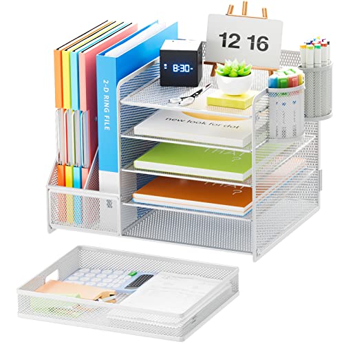 Image of Marbrasse Desk Organiser with File Holder, 5-Tier Paper Letter Tray Organiser with Drawer and 2 Pen Holder, Mesh Desktop Organizer and Storage with Magazine Holder for Office Supplies(White)