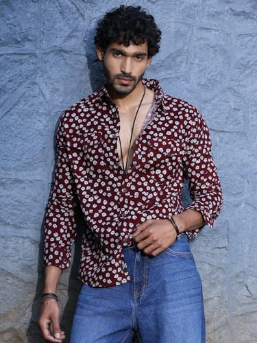 Image of Thomas Scott Men Slim Fit Pure Cotton Corduroy Floral Printed Semi-Formal Shirt
