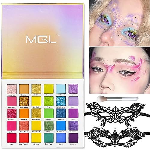 QLINLEAF Halloween Eyeshadow Palette - 30 Color Rainbow Eyeshadow Palette and Lace Mask Set Bright Vibrant Colors Shades Cosmetics