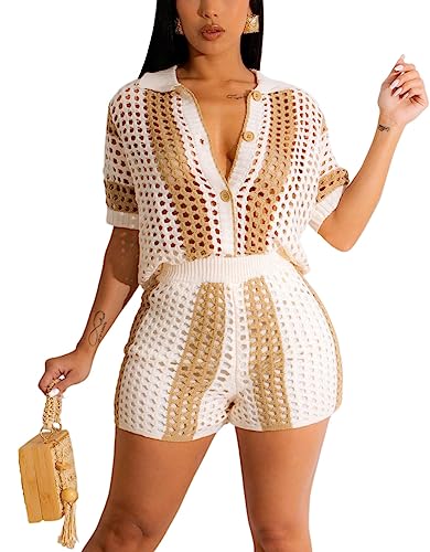 cu4eve Summer Crochet Sets Two Piece Women Sexy Knit Lounge Short Sleeve Button Down Shirt and Shorts Sets Romper