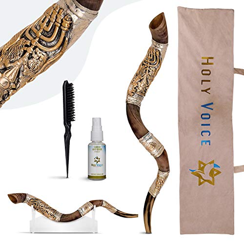 Holy Voice Sterling Silver-Plated Shofar Horn from Israel - Silver Plated Kudu Shofar with Shofar Stand, Carrying Bag, Brush, Anti-Odor Spray â€“ Made in Israel. (28"-32", Lions & Menora)
