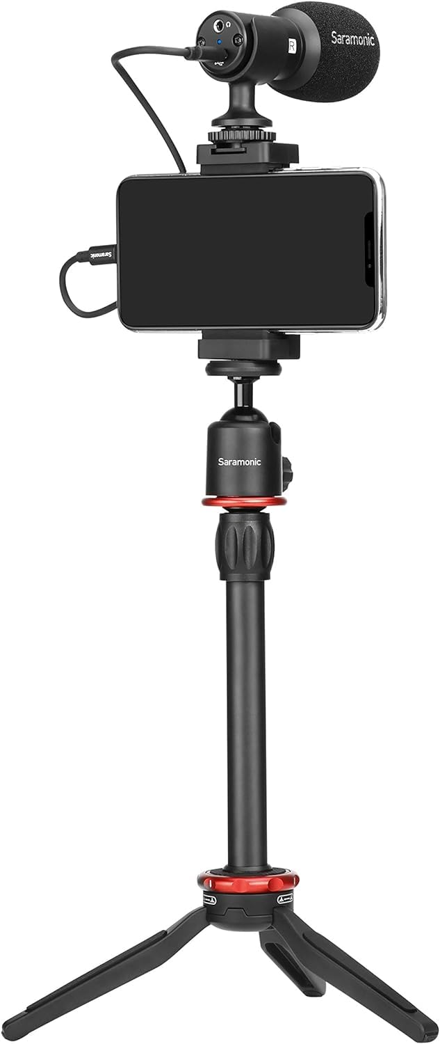 Saramonic SmartMic MTV Smartphone Vlogging Kit for iPhone Android, Stereo Mic, Phone Mount, Tripod