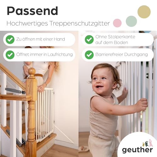 Geuther Treppenschutzgitter Oris | Türschutzgitter zum Anschrauben inkl. 2X Klemmen für Treppengeländer, Breite 95-135 cm | Stabiles Türgitter mit Schwenktür, Zertifiziert | Kindergitter Holz, Weiß