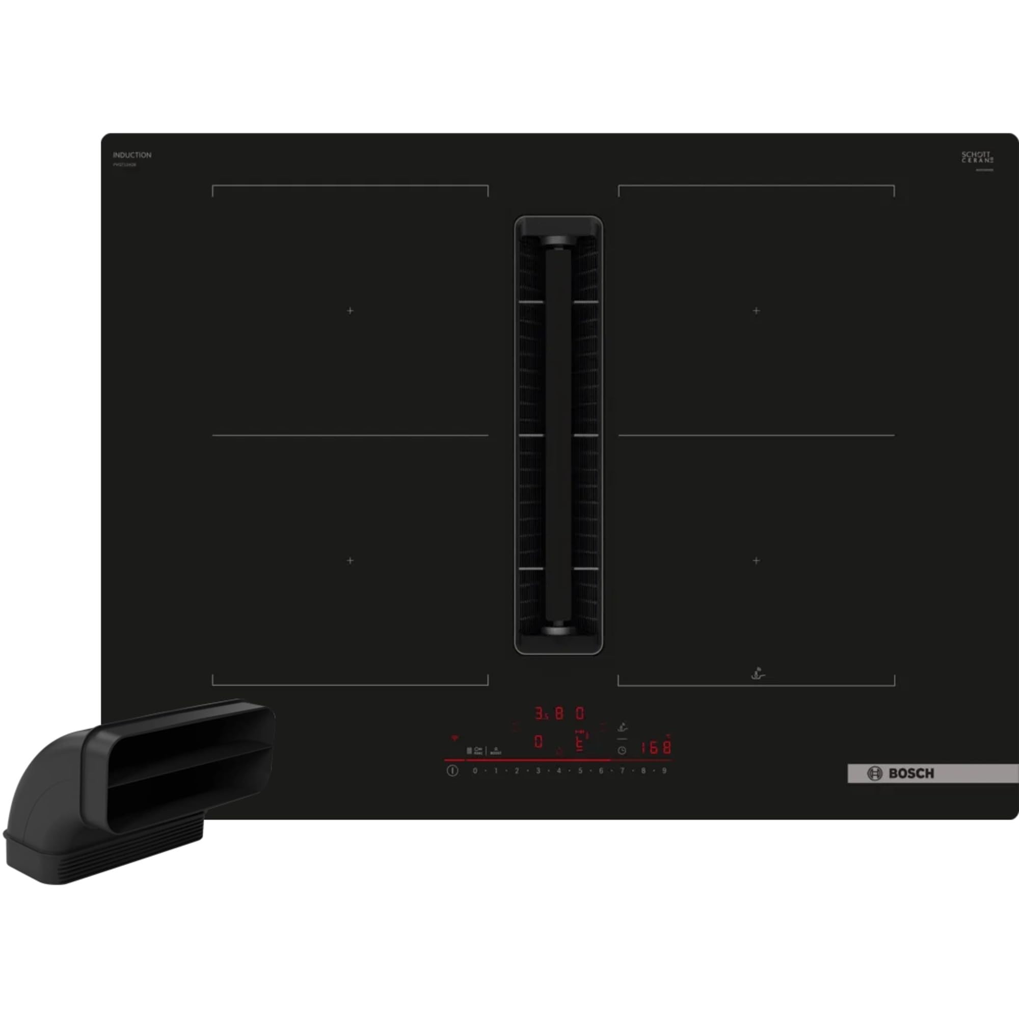 Bosch PVQ711HGA7 Series 6 Smart Induction Hob with Extractor (Self-sufficient), 70 cm Width, Flat L Channel, Made in Germany, CombiZone, Automatic Ventilation, PowerBoost, Control