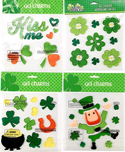 MoreThanCurtains St. Patrick's Day Window Clings Gel Decoration Pack: Irish, Lucky Four Leaf Clover, Gold, Leprechaun, Top Hat, Flag, Shamrocks