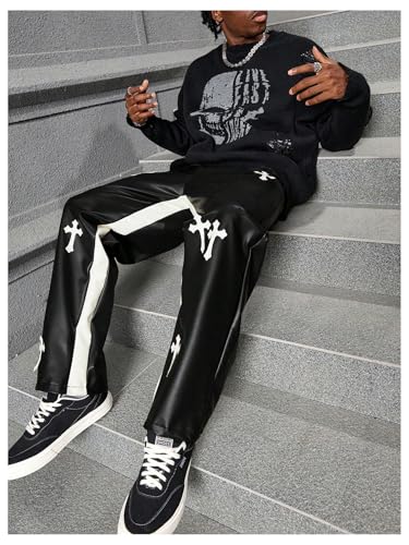 Men's Cross Graphic Hip Hop Pants Punk PU Leather Straight Leg Long Trousers with Pockets4