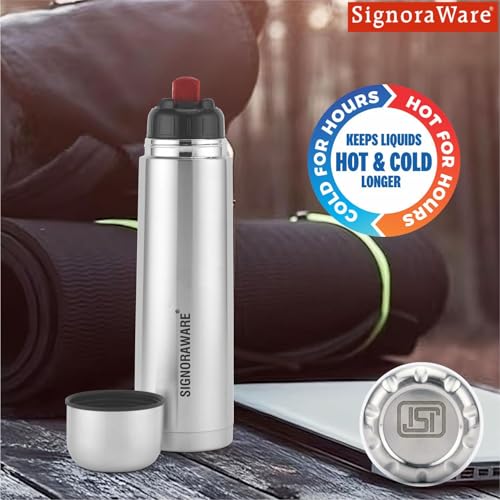 Image of SignoraWare Bullet Stainless Steel Vaccum Insulated ISI Certified Cola Bottle with Protective Cover | Airtight & Leakproof | Hot & Cold for Hours | Durable Flask for Outdoor Use (750ml | Steel)