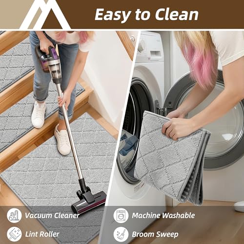 Image of COSY HOMEER Edging Stair Treads Non-Slip Corner Indoor Stair Runners for Wooden Steps,Landing Slip Resistant Stair Rugs Mat for Kids and Dogs,100% Polyester TPE Backing,Grey,30x30 inch