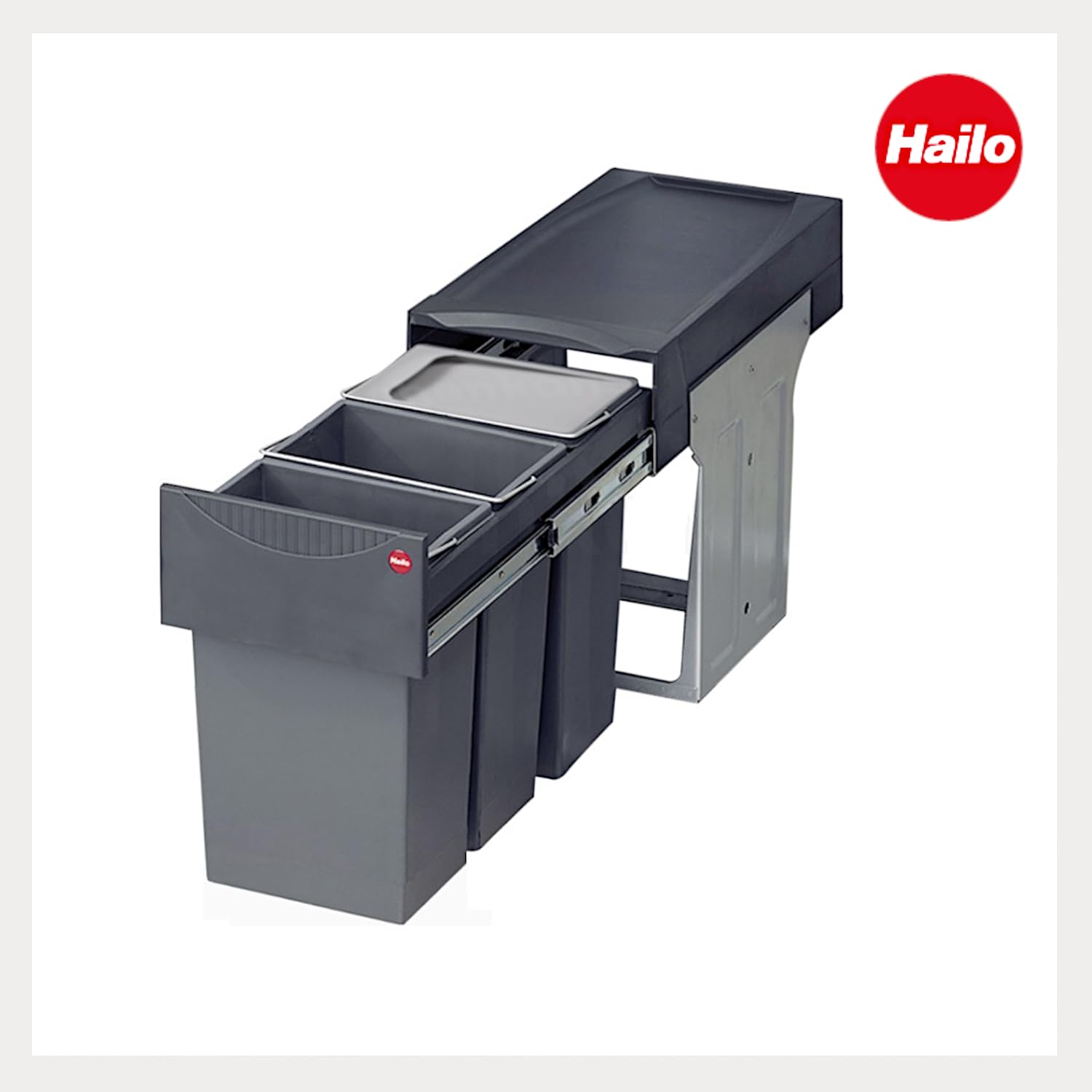 Hailo Abfallsammler Tandem 3666132 | für Schränke ab 300 mm Breite | Einbau Mülleimer 3x 10L mit Biodeckel | Vollauszug auf Teleskopschienen | Anthrazit