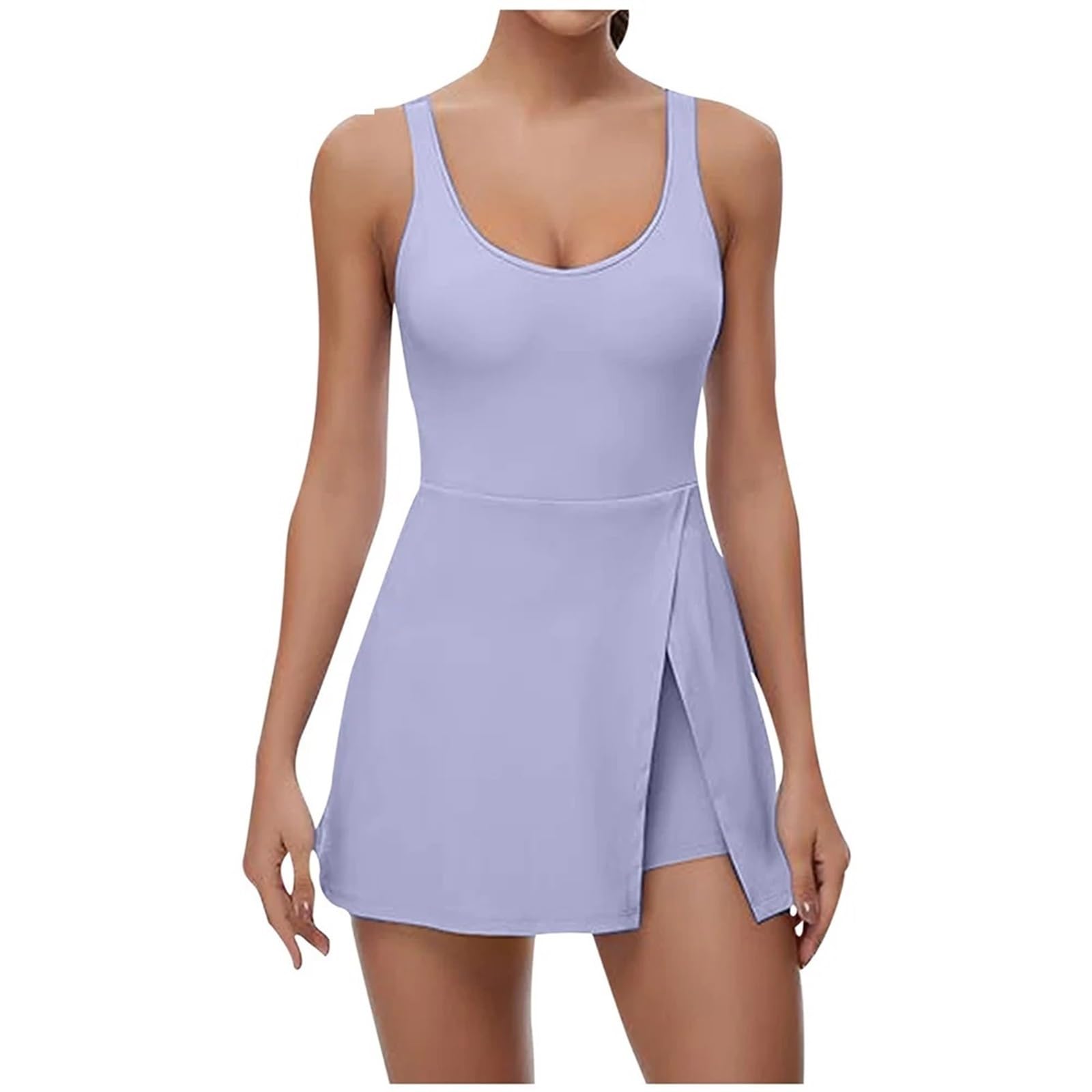 Tenniskleider for Damen, Schlichtes, Klassisches, Einfarbiges, Sportliches Minikleid Mit U-Ausschnitt, Integrierten Shorts Und BH, Figurbetontes Kleid Mit Seitlichem Schlitz