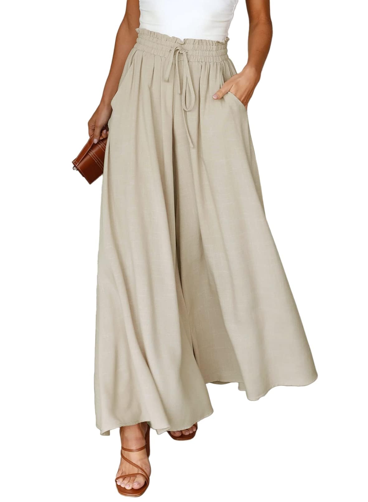 Womens Elastic Waist Wide Leg Pants Loose Lounge Trousers with Pockets