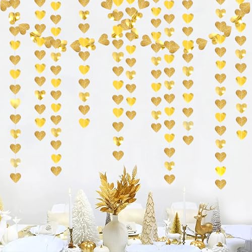 Image of Glitter Champagne-Gold Party-Decorations Heart Streamers Garland - 39Ft Wedding Engagement Hanging Paper Banner,Bachelorette Bday Bridal Baby Shower Christmas Anniversary Housewarming Backdrop Decor