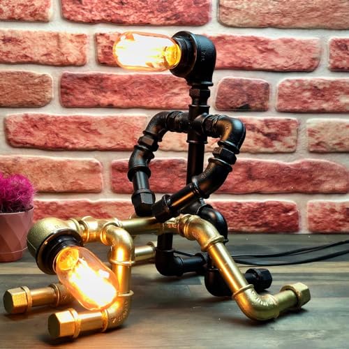 Lampe de table en forme de tuyau d'eau – Lampe industrielle rétro style robot steampunk – Lampe de bureau rustique vintage pour chambre à coucher,...