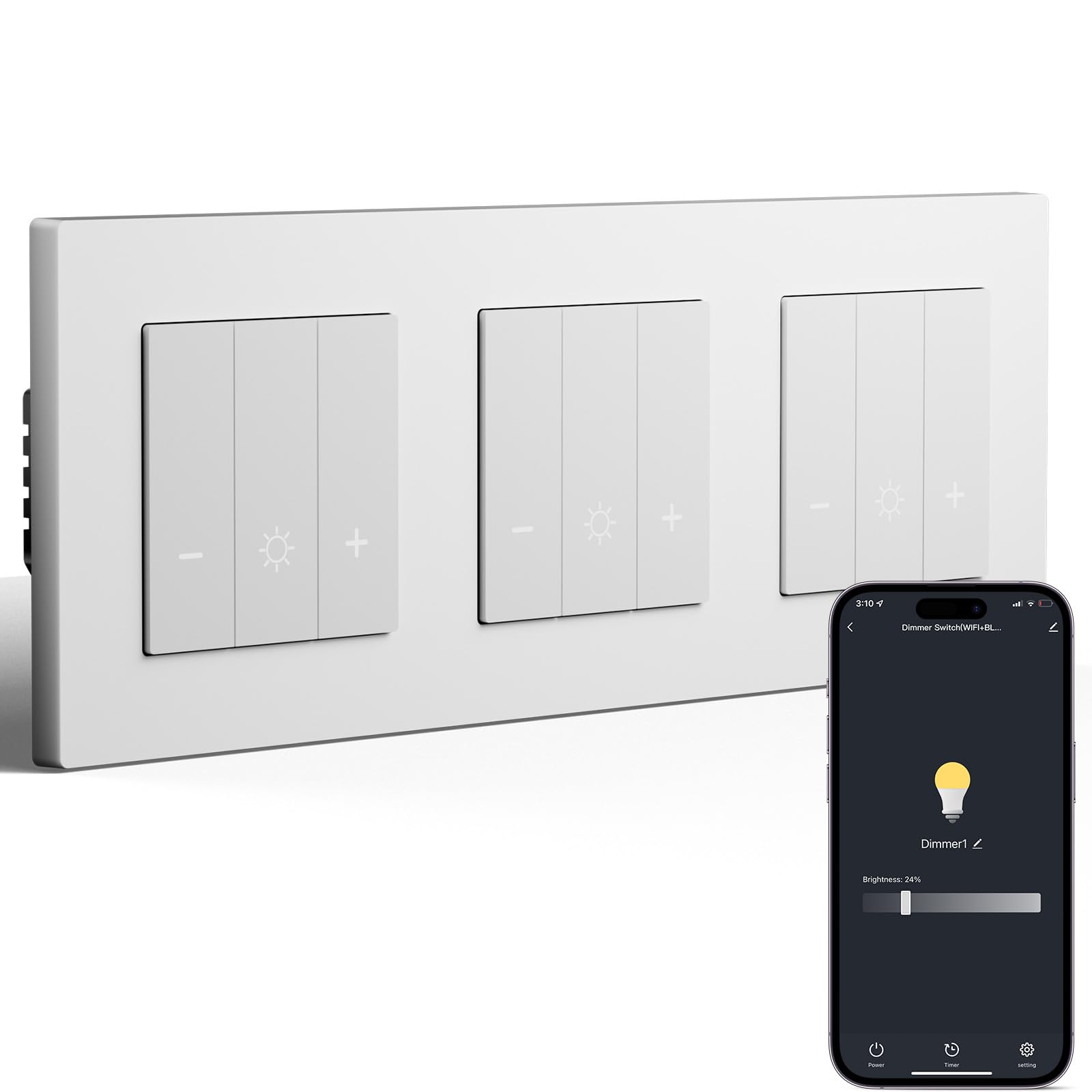 BSEED Triple WiFi Interrupteur Variateur 1 Gang 1 Voie Compatible avec Alexa et Google Home avec Cadre PC,Smart Interrupteur Dimmable pour Lampes LED 240 V(Nécessite Fil Neutre),Blanc