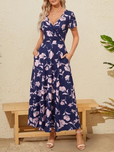 Image of HUHOT Women's Short Sleeve Wrap V Neck Dresses for Wedding Guest Summer Floral Maxi Sundresses with Pockets Boho Dress