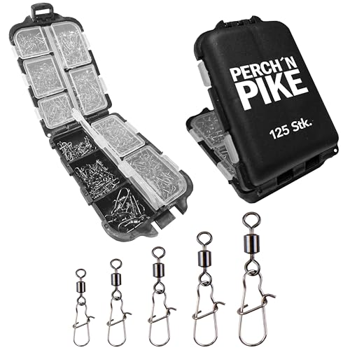 Angelwirbel im Set inkl. Box Duo-Lock Snap 8 - 28kg Angel Wirbel Set 125 Wirbel Set zum Spinnfischen Angelwirbel mit Karabiner für Forellen Barsch Zander und Hecht (5 x 25 125 Duo-Lock Snaps)