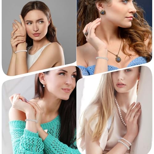 5 Pcs White Pearl Bracelets for Women, White Stretch Bridesmaid Pearl Bracelets Bridal Wedding Elastic Bracelets Stackable Faux Pearl Bracelets for Lady Pearl Beaded Bracelets4