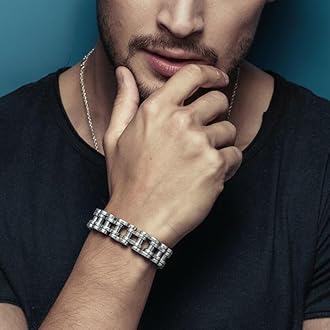 COOLSTEELANDBEYOND Men Heavy Sturdy Bike Chain Motorcycle Chain Bracelet of Stainless Steel, Silver Color Polished