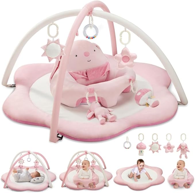 An image depicting 3-in-1 Baby Play Mat, Baby Seats for Infants to Sitting Up, Mats for Floor Play with 5 Detachable Toys, Baby Gym for Babies 0-6 6-12 Months, Pink