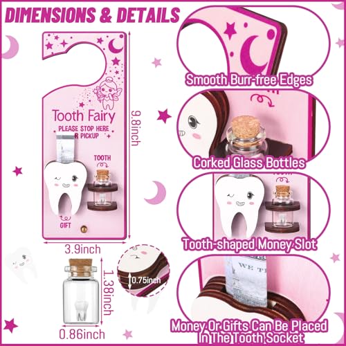 Image of DoubleFill Fairy Tooth Gift Holder Bag Door Hanger Lost Teeth Keepsake Box Tooth Fairy Kit Stores Back to School Gift for Lost Teeth Boy Girl Primary School Classroom Gifts(Fresh,Pink Purple)